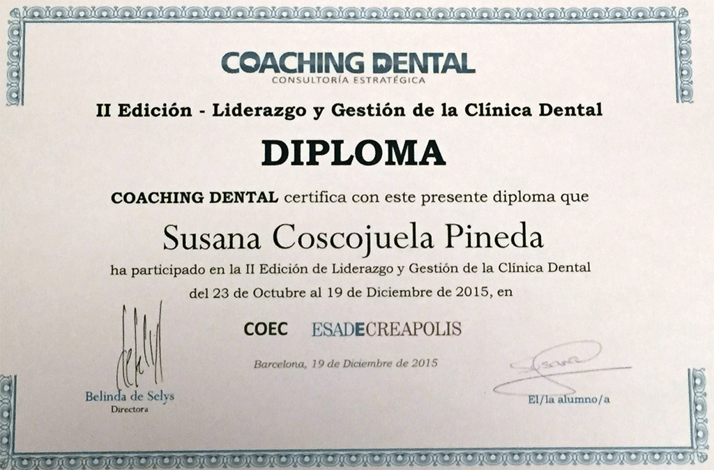 Este es el diploma del curso Liderazgo y Gestión de Clínica Dental conseguido por Susana Coscojuela Pineda de la clínica dental Padrós en Barcelona